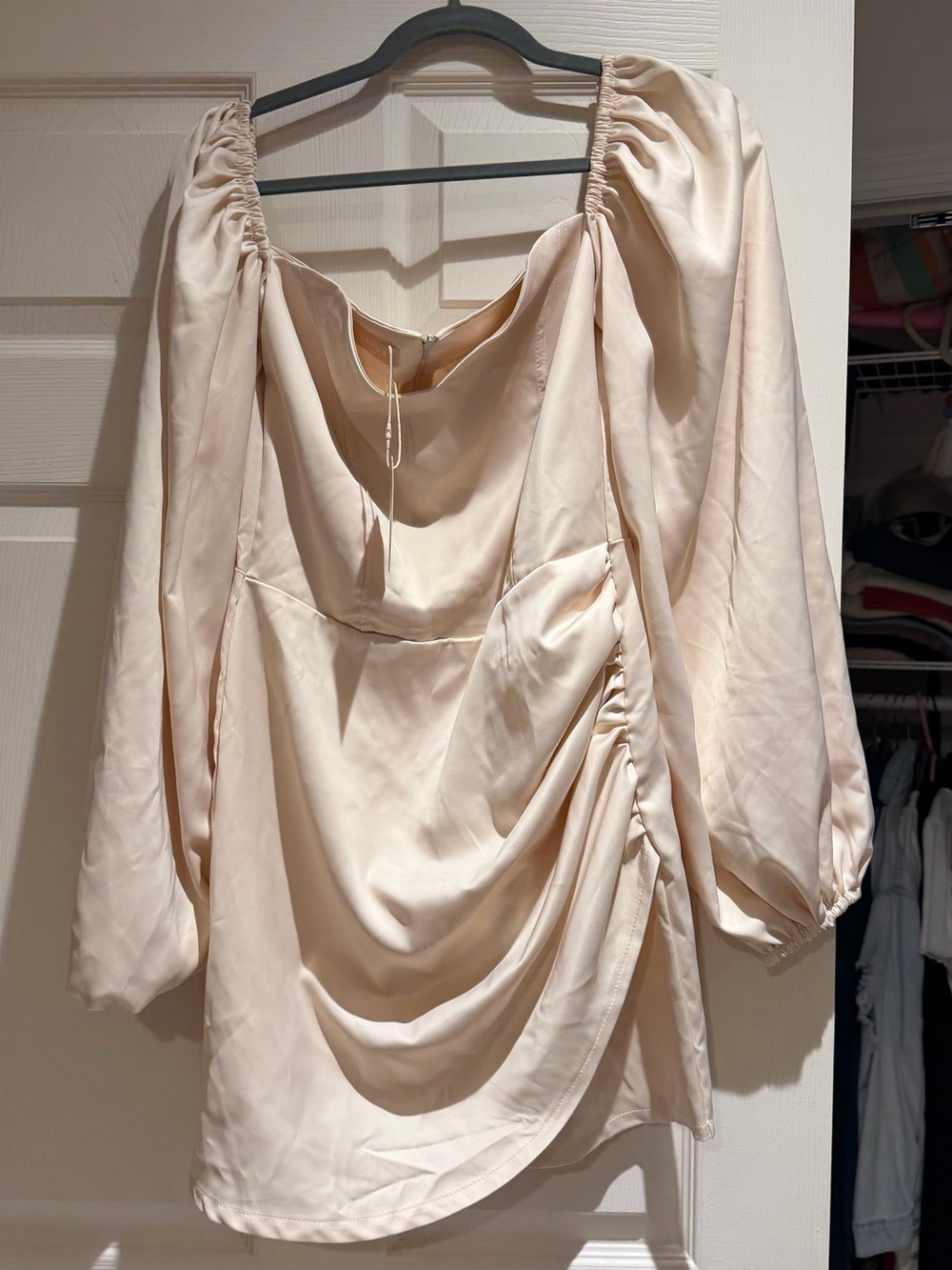 Women’s Cream Satin Drape Mini Dress - Elegant Puff Sleeve Top